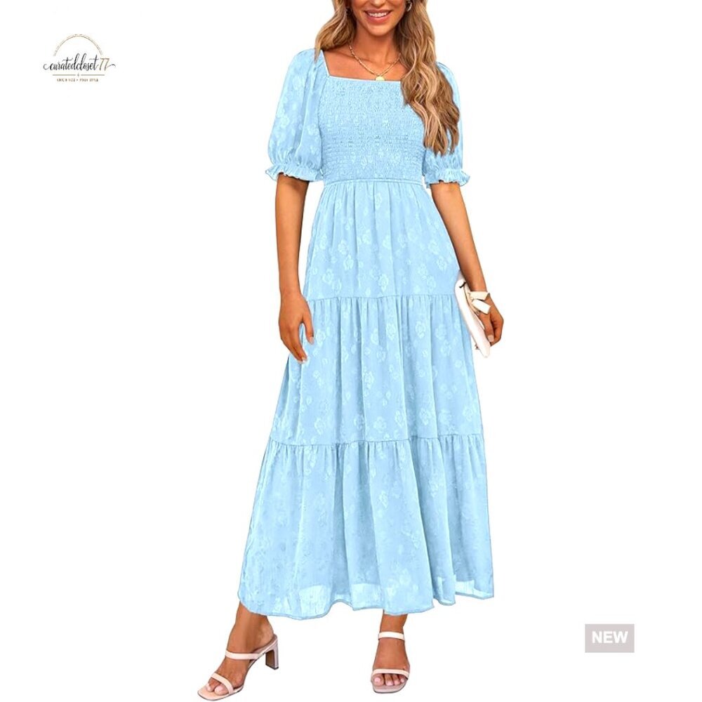 Summer Midi Dress Square Neck Short Sleeve Smocked A-Line Flowy Boho